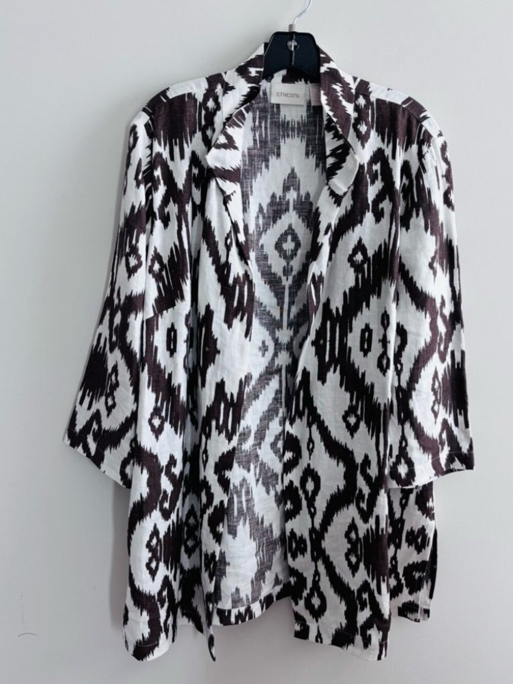 Chico's 100% Linen Topper Jacket Sz 2 L Large Brown White Ikat Boho Lagenlook - Picture 2 of 8